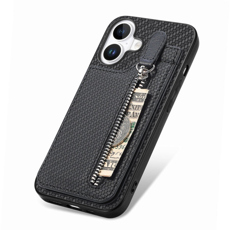 For iPhone 16 Plus Carbon Fiber Vertical Flip Zipper Phone Case(Black) - iPhone 16 Plus Cases by buy2fix | Online Shopping UK | buy2fix