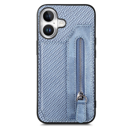 For iPhone 16 Plus Carbon Fiber Horizontal Flip Zipper Wallet Phone Case(Blue) - iPhone 16 Plus Cases by buy2fix | Online Shopping UK | buy2fix