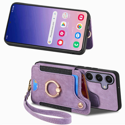 For Samsung Galaxy S25 5G Retro Skin-feel Ring Multi-card Wallet Phone Case(Purple) - Galaxy S25 5G Cases by buy2fix | Online Shopping UK | buy2fix