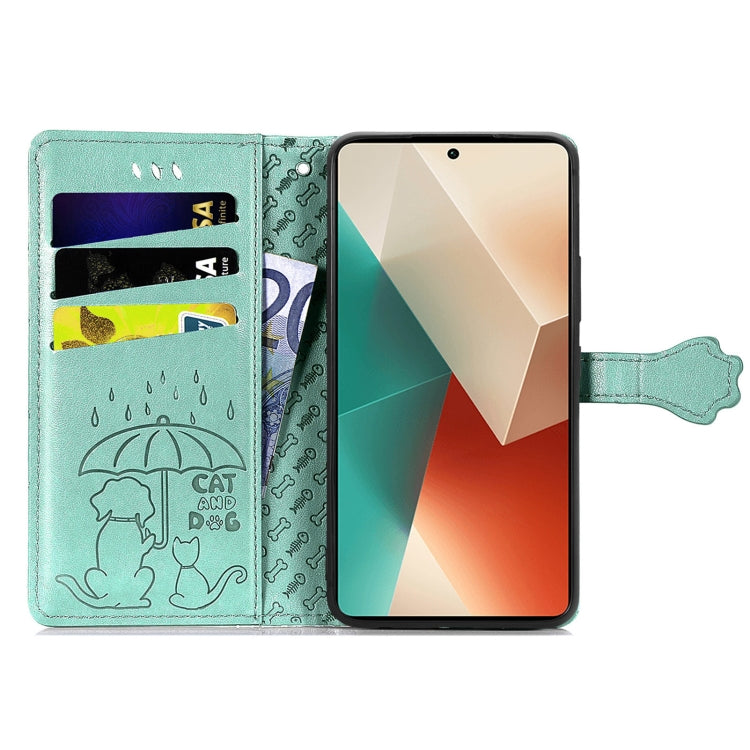 For Xiaomi Redmi Note 13 Cat and Dog Embossed Leather Phone Case(Green) - Note 13 Cases by buy2fix | Online Shopping UK | buy2fix