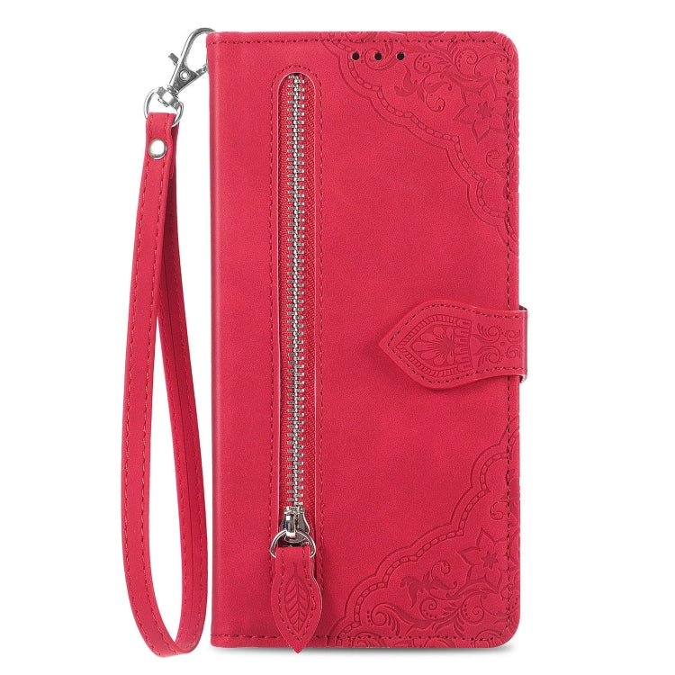 For Xiaomi Redmi K70 Embossed Flower Zipper Leather Phone Case(Red) - K70 Cases by buy2fix | Online Shopping UK | buy2fix