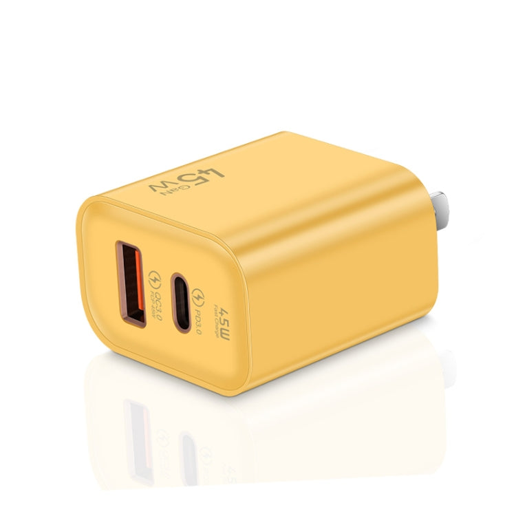 45PQ 45W PD25W + QC3.0 20W USB Super Fast Charger with Type-C to 8 Pin Cable, US Plug(Yellow) - USB Charger by buy2fix | Online Shopping UK | buy2fix