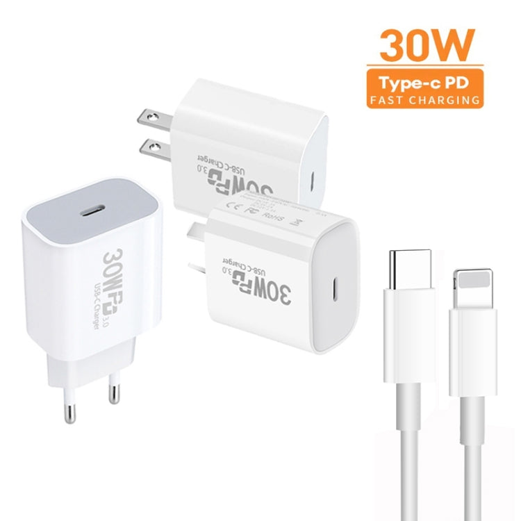 Single Port PD30W USB-C / Type-C Charger with Type-C to 8 Pin Data Cable EU Plug - USB Charger by buy2fix | Online Shopping UK | buy2fix