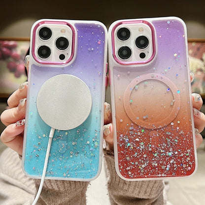 For iPhone 15 Multicolor Gradient Glitter Sequin MagSafe TPU Phone Case(Purple+Red) - iPhone 15 Cases by buy2fix | Online Shopping UK | buy2fix