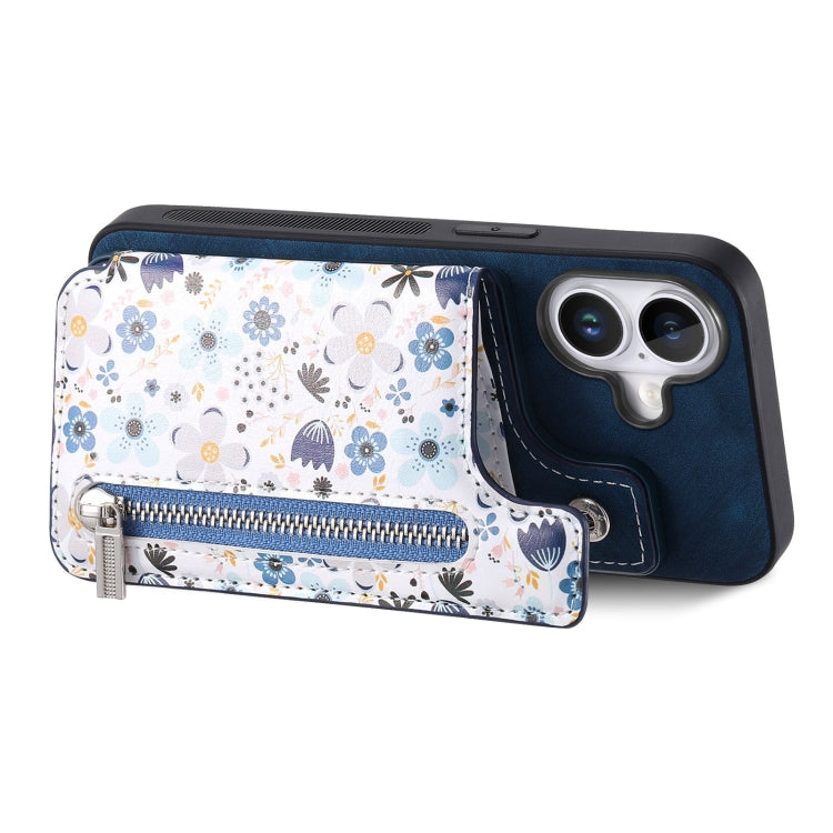 For iPhone 16 Retro Painted Zipper Wallet Back Phone Case(Blue) - iPhone 16 Cases by buy2fix | Online Shopping UK | buy2fix