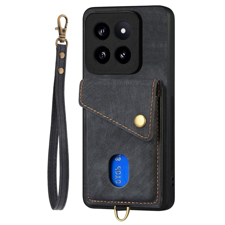 For Xiaomi 14 Pro Retro Card Wallet Fold Leather Phone Case with Strap(Black) - 14 Pro Cases by buy2fix | Online Shopping UK | buy2fix