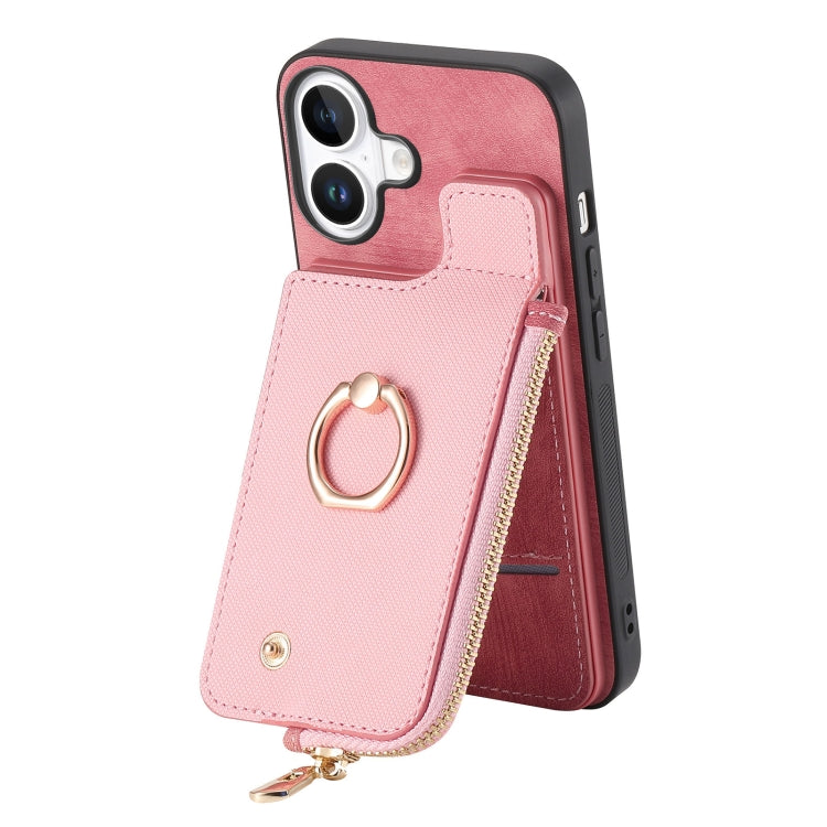 For iPhone 16 Plus Cross Leather Ring Vertical Zipper Wallet Back Phone Case(Pink) - iPhone 16 Plus Cases by buy2fix | Online Shopping UK | buy2fix