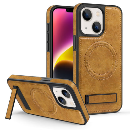 For iPhone 14 Plus Multi-function Holder MagSafe PU Phone Case(Brown) - iPhone 14 Plus Cases by buy2fix | Online Shopping UK | buy2fix