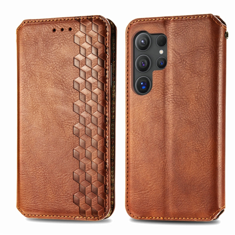 For Samsung Galaxy S25 Ultra 5G Cubic Grid Pressed Magnetic Leather Phone Case(Brown) - Galaxy S25 Ultra 5G Cases by buy2fix | Online Shopping UK | buy2fix