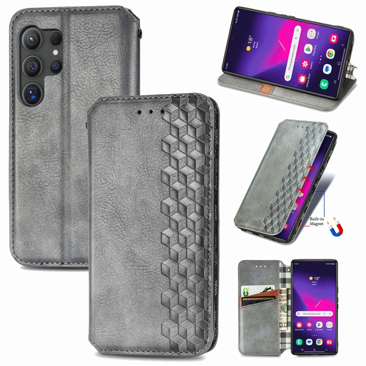 For Samsung Galaxy S25 Ultra 5G Cubic Grid Pressed Magnetic Leather Phone Case(Gray) - Galaxy S25 Ultra 5G Cases by buy2fix | Online Shopping UK | buy2fix