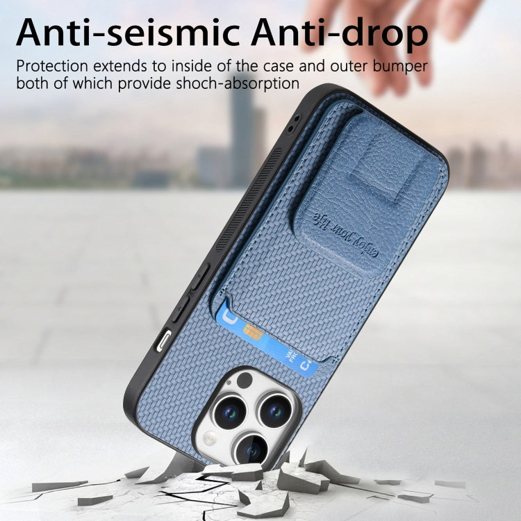 For iPhone 16 Pro Max Carbon Fiber Card Bag Fold Stand Phone Case(Blue) - iPhone 16 Pro Max Cases by buy2fix | Online Shopping UK | buy2fix