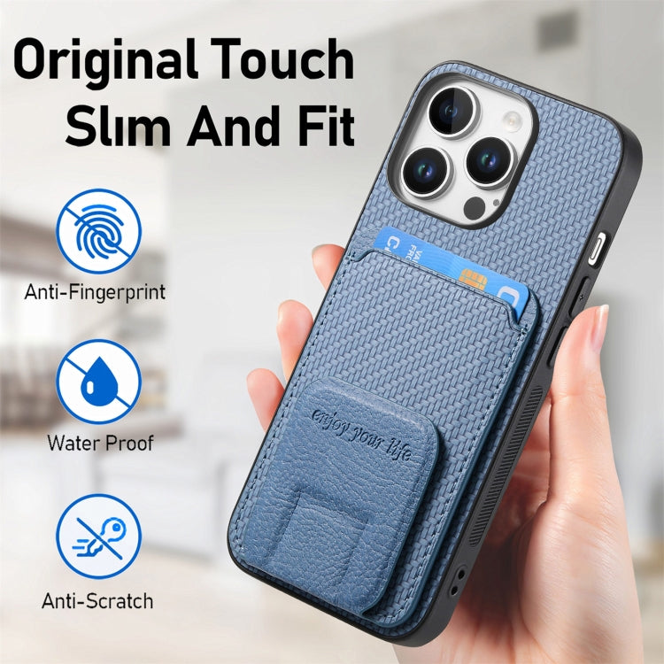 For iPhone 16 Pro Max Carbon Fiber Card Bag Fold Stand Phone Case(Blue) - iPhone 16 Pro Max Cases by buy2fix | Online Shopping UK | buy2fix