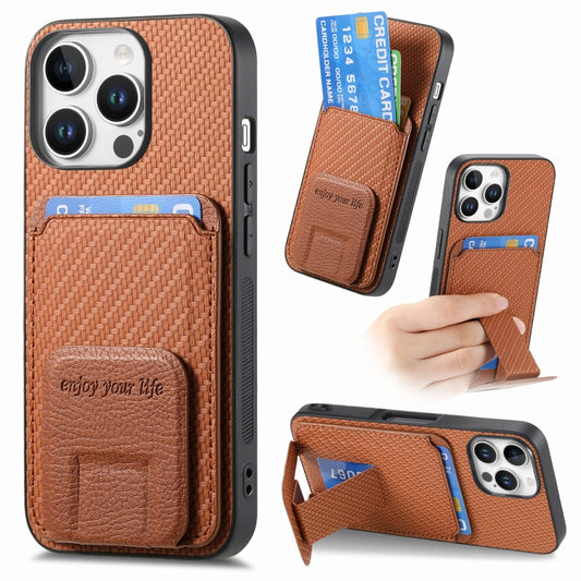 For iPhone 16 Pro Max Carbon Fiber Card Bag Fold Stand Phone Case(Brown) - iPhone 16 Pro Max Cases by buy2fix | Online Shopping UK | buy2fix