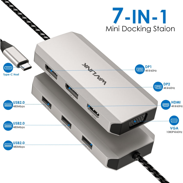 WAVLINK WL-UMD305 7 in 1 4K DP / HDMI Quard Display USB-C Hub Dock Multi-port Adapter - USB HUB by WAVLINK | Online Shopping UK | buy2fix