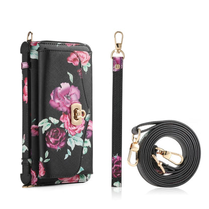 For iPhone 15 Pro Max MagSafe Flower Multi-functional Crossbody Zipper Wallet Leather Phone Case(Black) - iPhone 15 Pro Max Cases by buy2fix | Online Shopping UK | buy2fix