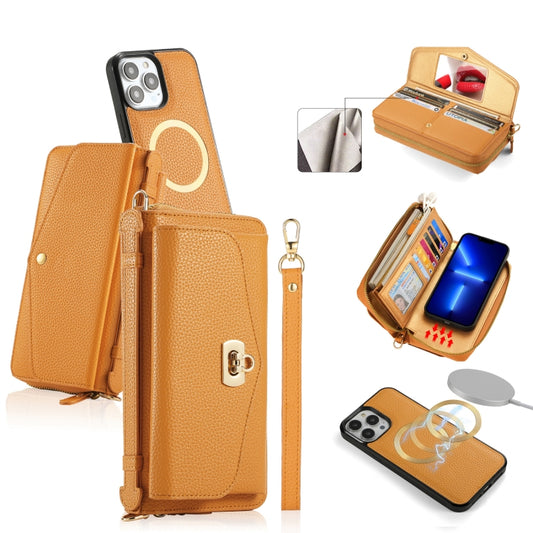 For iPhone 13 Pro MagSafe Crossbody Multi-functional Zipper Wallet Litchi Leather Phone Case(Orange) - iPhone 13 Pro Cases by buy2fix | Online Shopping UK | buy2fix