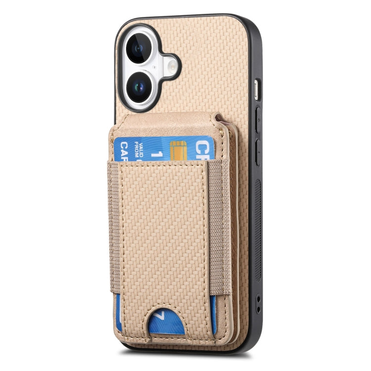 For iPhone 16 Plus Carbon Fiber Vertical Flip Wallet Stand Phone Case(Khaki) - iPhone 16 Plus Cases by buy2fix | Online Shopping UK | buy2fix