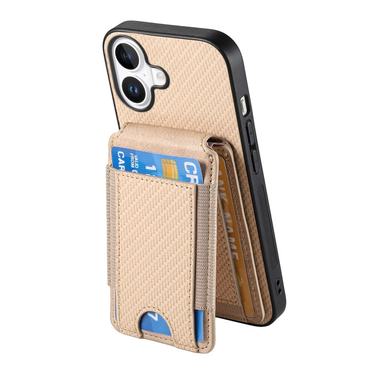 For iPhone 16 Plus Carbon Fiber Vertical Flip Wallet Stand Phone Case(Khaki) - iPhone 16 Plus Cases by buy2fix | Online Shopping UK | buy2fix