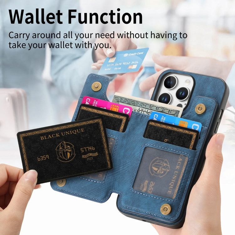 For iPhone 16 Pro Retro Leather Zipper Wallet Back Phone Case(Blue) - More iPhone Cases by buy2fix | Online Shopping UK | buy2fix