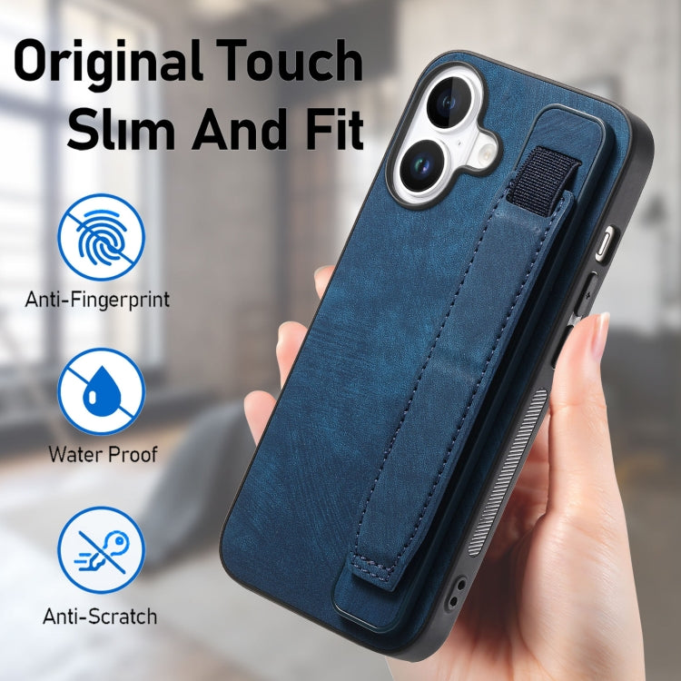 For iPhone 16 Retro Wristband Holder Leather Back Phone Case(Blue) - iPhone 16 Cases by buy2fix | Online Shopping UK | buy2fix