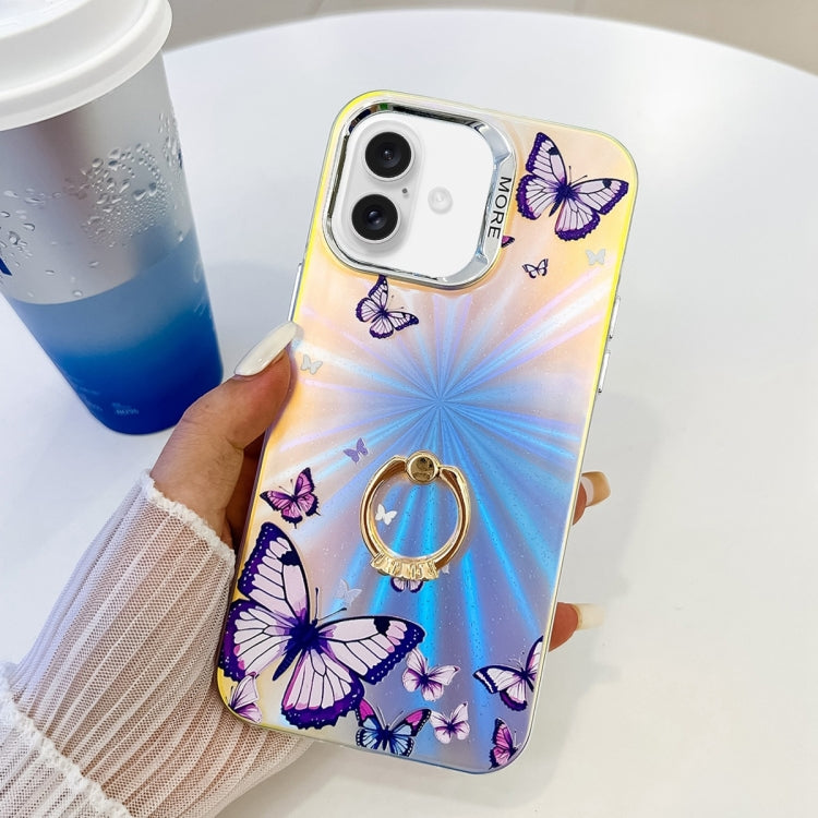 For iPhone 16 Electroplating Laser Butterfly Ring Holder Phone Case(Purple Butterflies AB3) - iPhone 16 Cases by buy2fix | Online Shopping UK | buy2fix