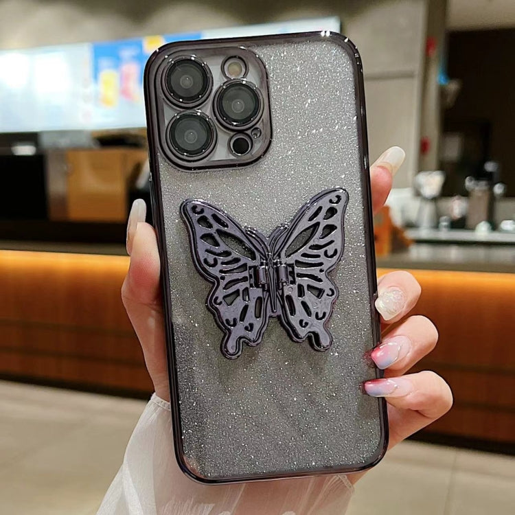 For iPhone 16 Pro Electroplated Gradient Glitter 3D Butterfly TPU Phone Case(Gradient Black) - iPhone 16 Pro Cases by buy2fix | Online Shopping UK | buy2fix