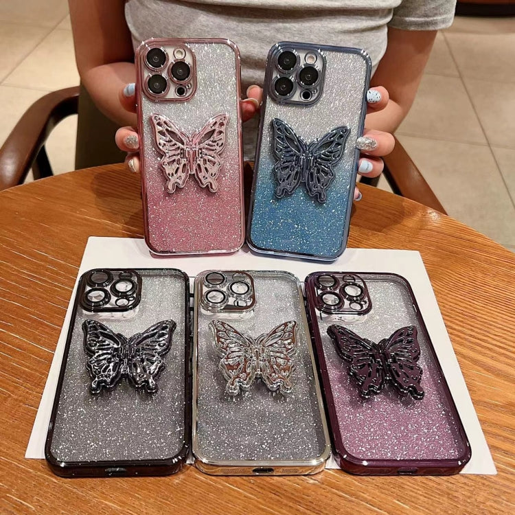 For iPhone 16 Pro Electroplated Gradient Glitter 3D Butterfly TPU Phone Case(Gradient Black) - iPhone 16 Pro Cases by buy2fix | Online Shopping UK | buy2fix