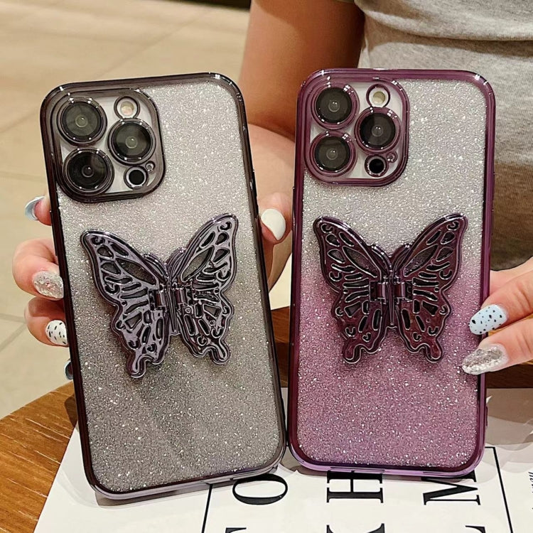 For iPhone 16 Pro Max Electroplated Gradient Glitter 3D Butterfly TPU Phone Case(Gradient Silver) - iPhone 16 Pro Max Cases by buy2fix | Online Shopping UK | buy2fix