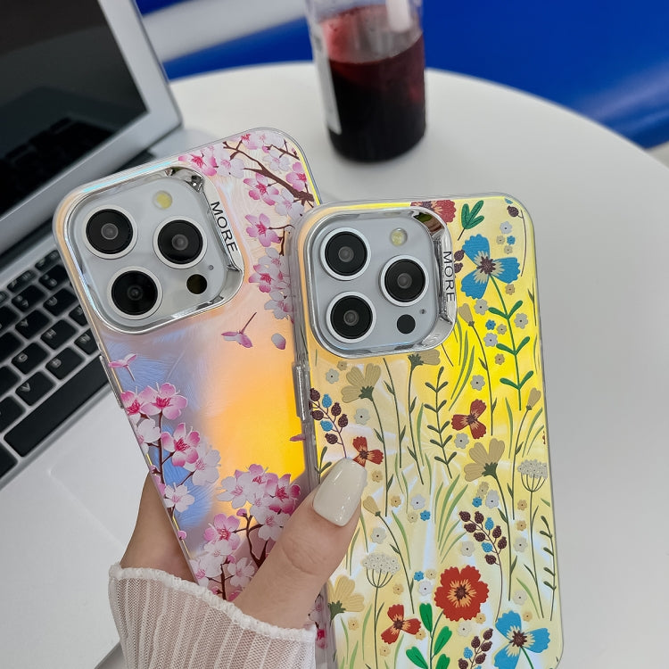 For iPhone 16 Electroplating Laser Flower Texture TPU Phone Case(Drawn Flowers AH3) - iPhone 16 Cases by buy2fix | Online Shopping UK | buy2fix