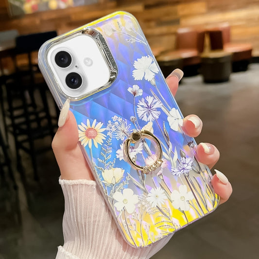 For iPhone 16 Plus Electroplating Laser Flower Ring Holder TPU Phone Case(Chrysanthemum AH5) - iPhone 16 Plus Cases by buy2fix | Online Shopping UK | buy2fix