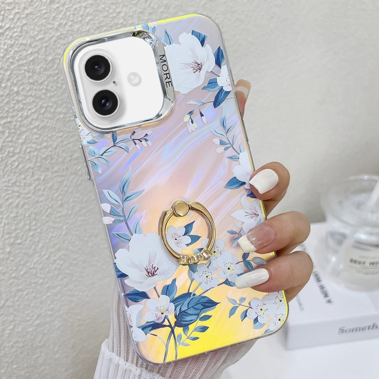 For iPhone 16 Electroplating Laser Flower Ring Holder TPU Phone Case(White Flower AH10) - iPhone 16 Cases by buy2fix | Online Shopping UK | buy2fix