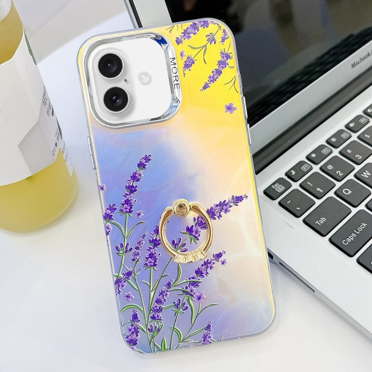 For iPhone 16 Electroplating Laser Flower Ring Holder TPU Phone Case(Lavender AH14) - iPhone 16 Cases by buy2fix | Online Shopping UK | buy2fix