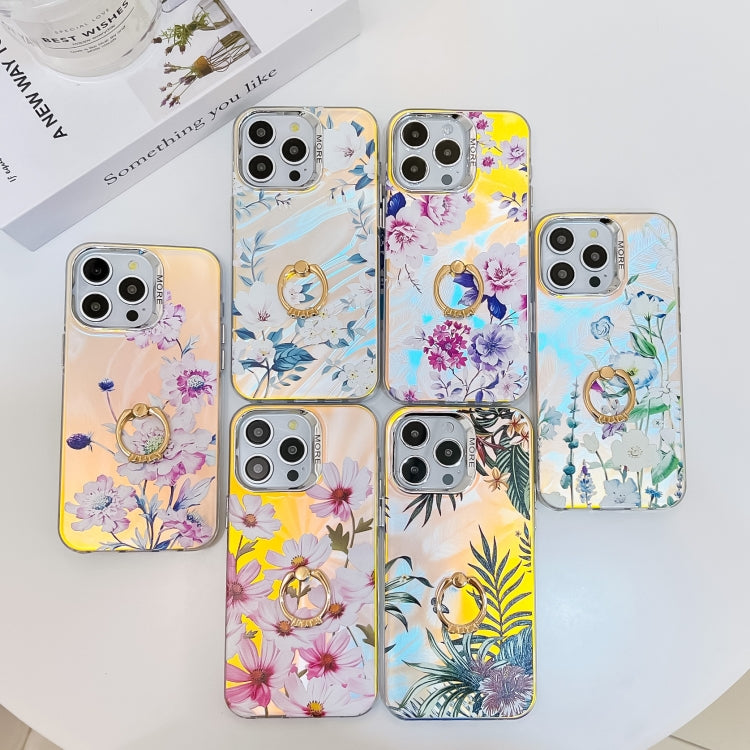 For iPhone 16 Electroplating Laser Flower Ring Holder TPU Phone Case(Zinnia AH9) - iPhone 16 Cases by buy2fix | Online Shopping UK | buy2fix