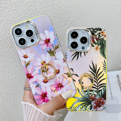 For iPhone 16 Pro Electroplating Laser Flower Ring Holder TPU Phone Case(Flower AH6) - iPhone 16 Pro Cases by buy2fix | Online Shopping UK | buy2fix