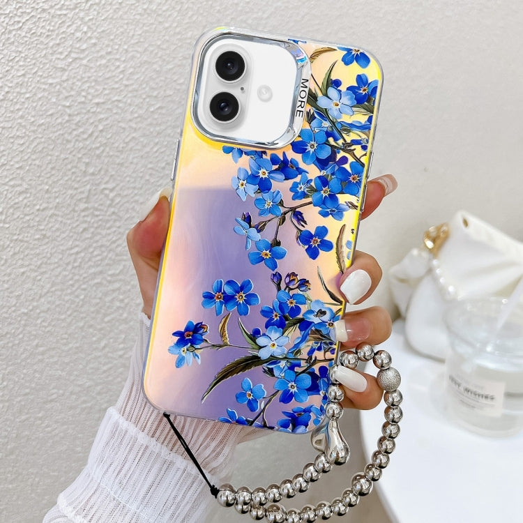 For iPhone 16 Plus Electroplating Laser Flower Phone Case with Wrist Strap(Myosotis AH2) - iPhone 16 Plus Cases by buy2fix | Online Shopping UK | buy2fix