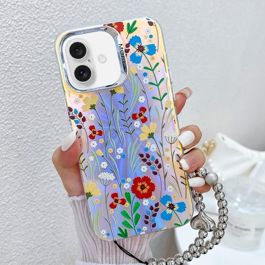 For iPhone 16 Electroplating Laser Flower Phone Case with Wrist Strap(Flower AH6) - iPhone 16 Cases by buy2fix | Online Shopping UK | buy2fix