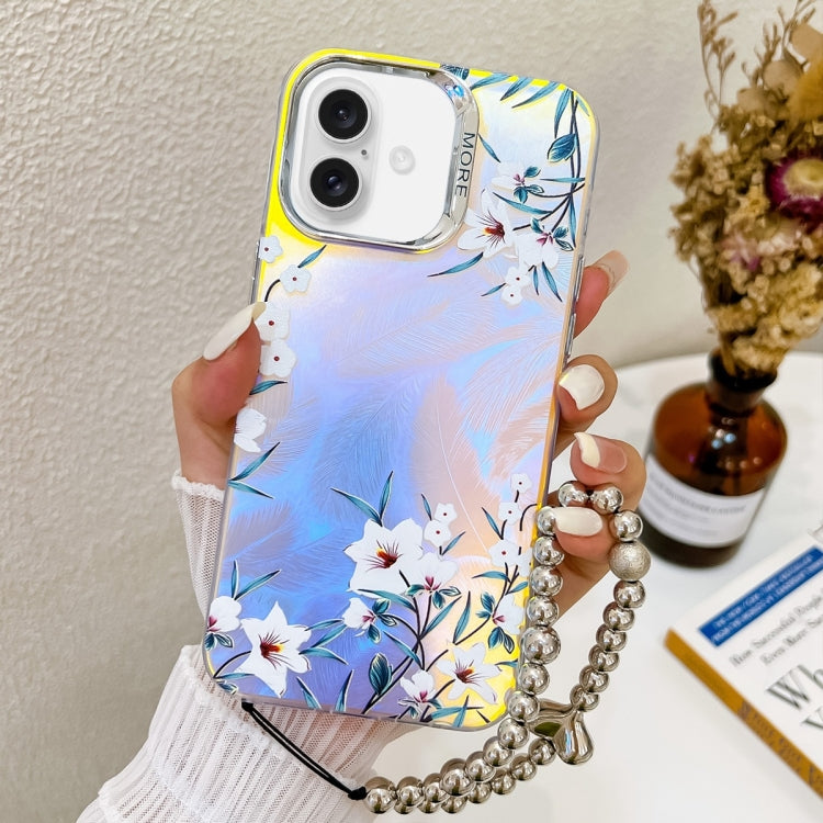 For iPhone 16 Electroplating Laser Flower Phone Case with Wrist Strap(Morning Glory AH16) - iPhone 16 Cases by buy2fix | Online Shopping UK | buy2fix