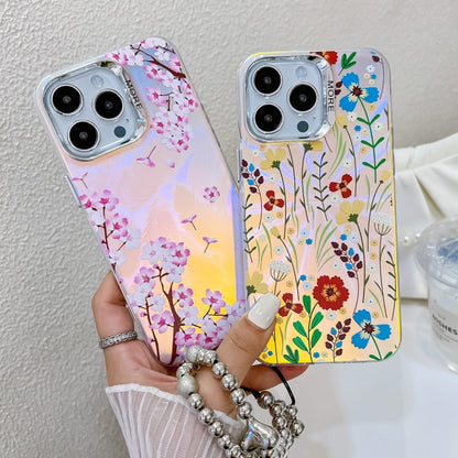 For iPhone 16 Plus Electroplating Laser Flower Phone Case with Wrist Strap(Flower AH1) - iPhone 16 Plus Cases by buy2fix | Online Shopping UK | buy2fix