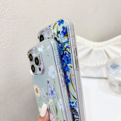 For iPhone 16 Electroplating Laser Flower Phone Case with Wrist Strap(Morning Glory AH16) - iPhone 16 Cases by buy2fix | Online Shopping UK | buy2fix