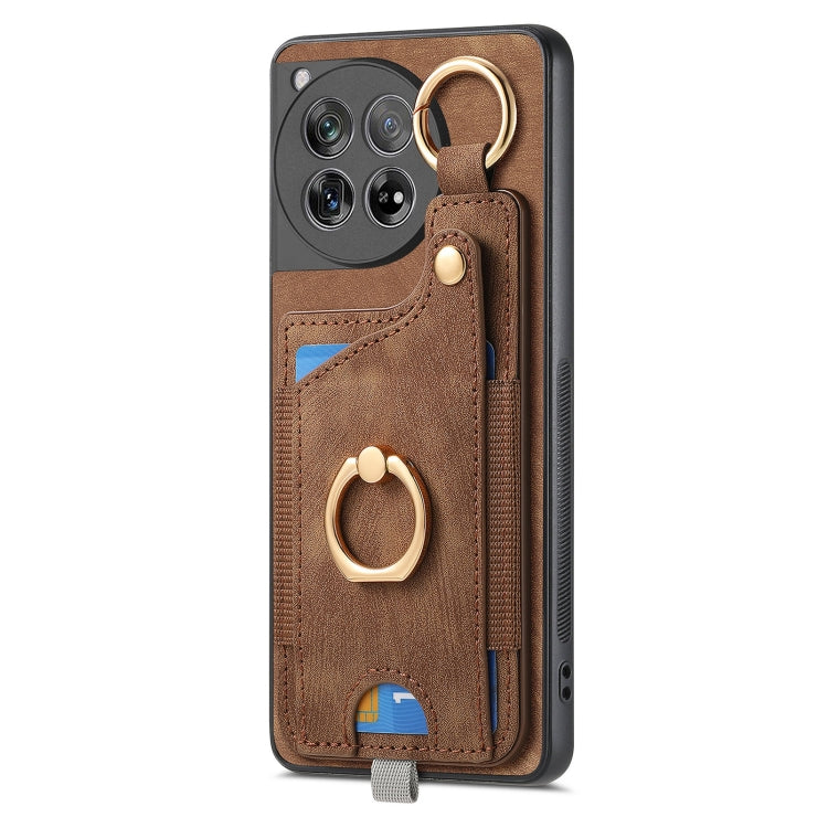 For OnePlus 12 5G Retro Skin-feel Ring Card Bag Phone Case with Hang Loop(Brown) - OnePlus Cases by buy2fix | Online Shopping UK | buy2fix