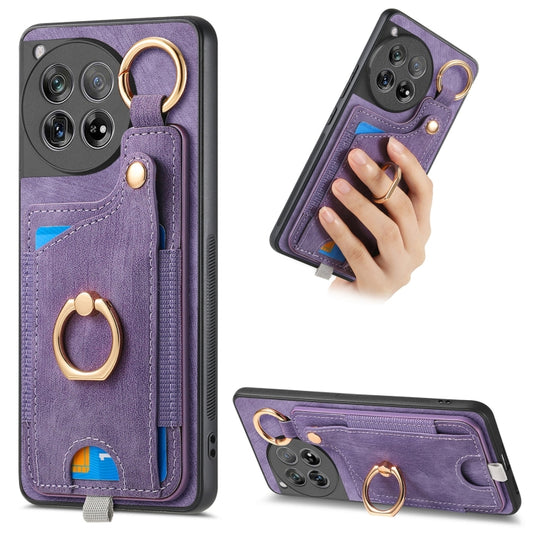 For OnePlus 12 5G Retro Skin-feel Ring Card Bag Phone Case with Hang Loop(Purple) - OnePlus Cases by buy2fix | Online Shopping UK | buy2fix