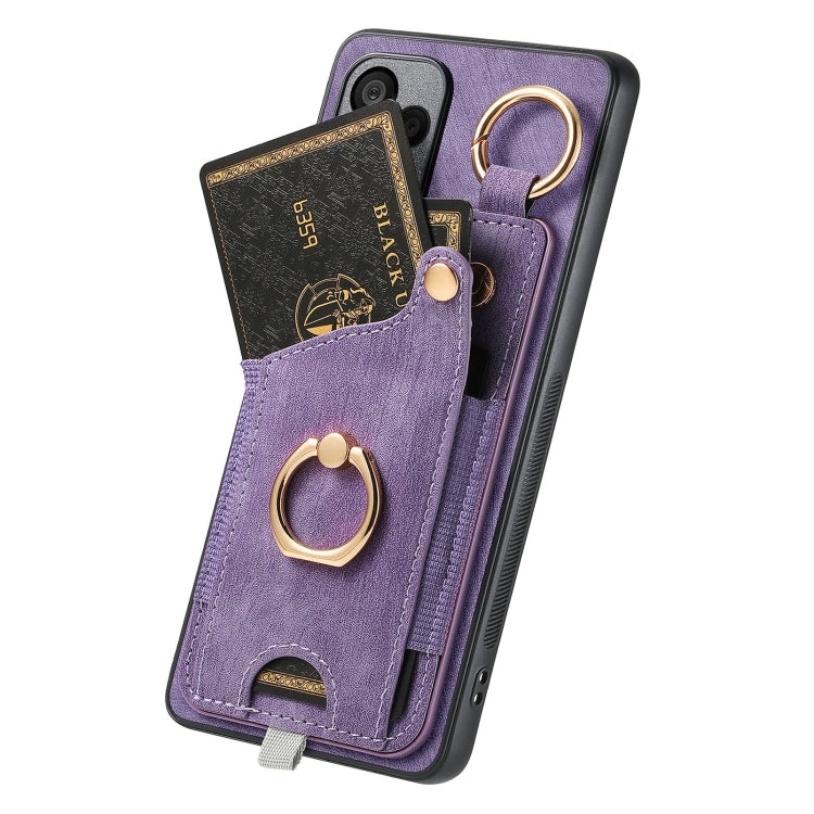 For OnePlus 12 5G Retro Skin-feel Ring Card Bag Phone Case with Hang Loop(Purple) - OnePlus Cases by buy2fix | Online Shopping UK | buy2fix