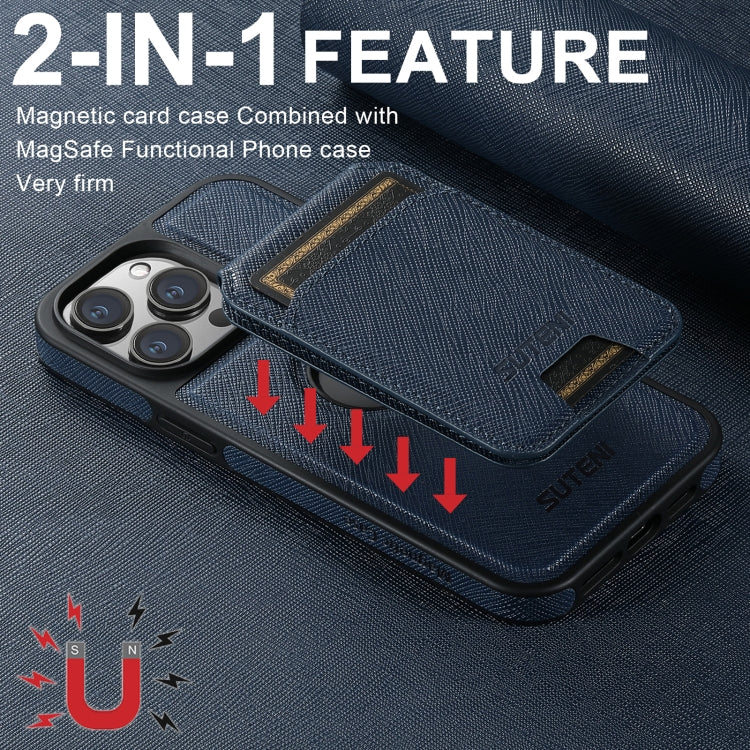 For iPhone 15 Pro Max Suteni M2 Cross-Grain MagSafe Vertical Card Back Phone Case(Blue) - iPhone 15 Pro Max Cases by Suteni | Online Shopping UK | buy2fix