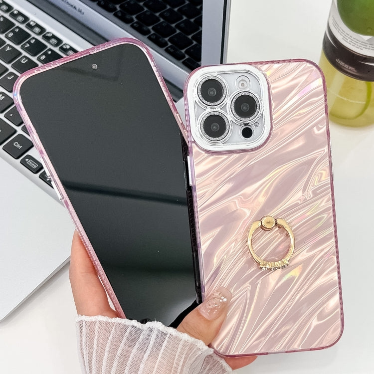 For iPhone 16 Plating Glitter Texture Ring Holder TPU Phone Case with Lens Film(White Wrinkles) - iPhone 16 Cases by buy2fix | Online Shopping UK | buy2fix