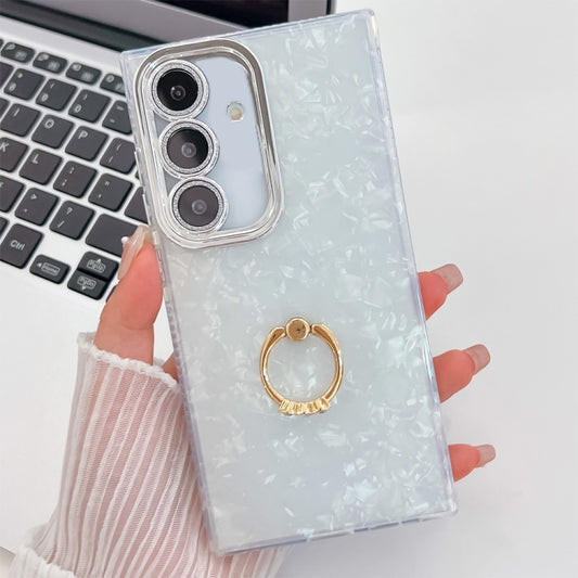 For Samsung Galaxy S25 5G Plating Glitter Texture Ring Holder TPU Phone Case with Lens Film(White Shell Pattern) - Galaxy S25 5G Cases by buy2fix | Online Shopping UK | buy2fix