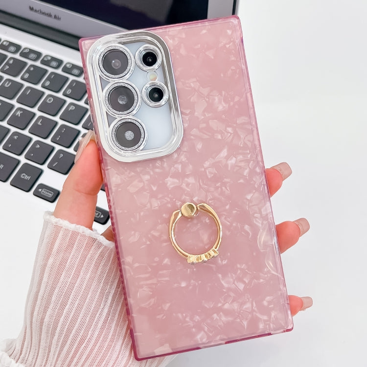 For Samsung Galaxy S25 Ultra 5G Plating Glitter Texture Ring Holder TPU Phone Case with Lens Film(Pink Shell Pattern) - Galaxy S25 Ultra 5G Cases by buy2fix | Online Shopping UK | buy2fix