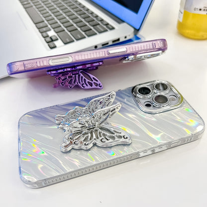 For iPhone 16 Plus Plating Glitter Texture Butterfly Holder TPU Phone Case with Lens Film(White Wrinkles) - iPhone 16 Plus Cases by buy2fix | Online Shopping UK | buy2fix