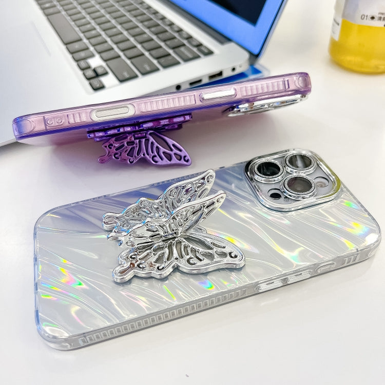 For iPhone 16 Pro Max Plating Glitter Texture Butterfly Holder TPU Phone Case with Lens Film(Pink Feathers) - iPhone 16 Pro Max Cases by buy2fix | Online Shopping UK | buy2fix