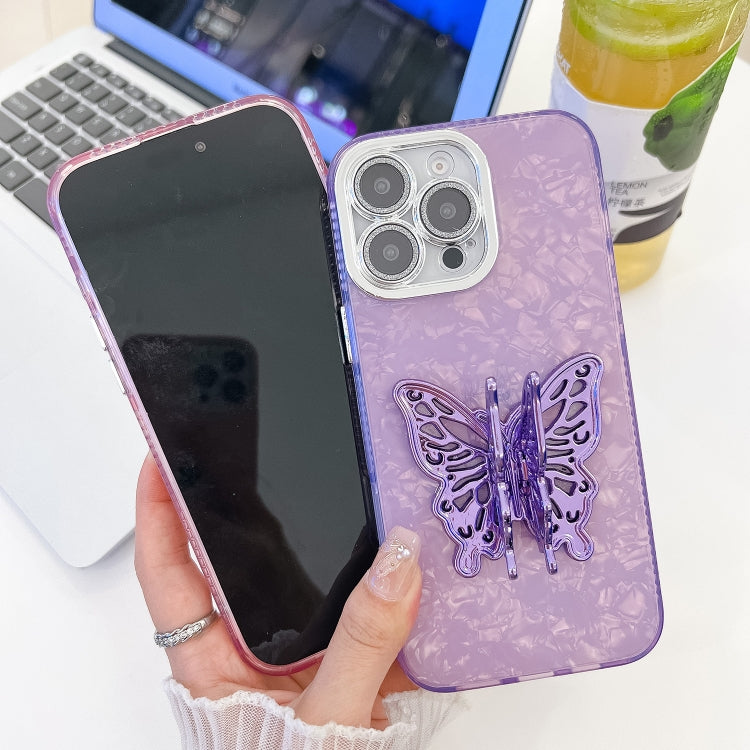 For iPhone 16 Pro Max Plating Glitter Texture Butterfly Holder TPU Phone Case with Lens Film(Pink Feathers) - iPhone 16 Pro Max Cases by buy2fix | Online Shopping UK | buy2fix