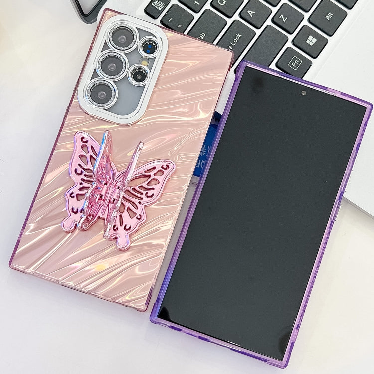 For Samsung Galaxy S25 5G Plating Glitter Texture Butterfly Holder TPU Phone Case with Lens Film(Purple Feathers) - Galaxy S25 5G Cases by buy2fix | Online Shopping UK | buy2fix